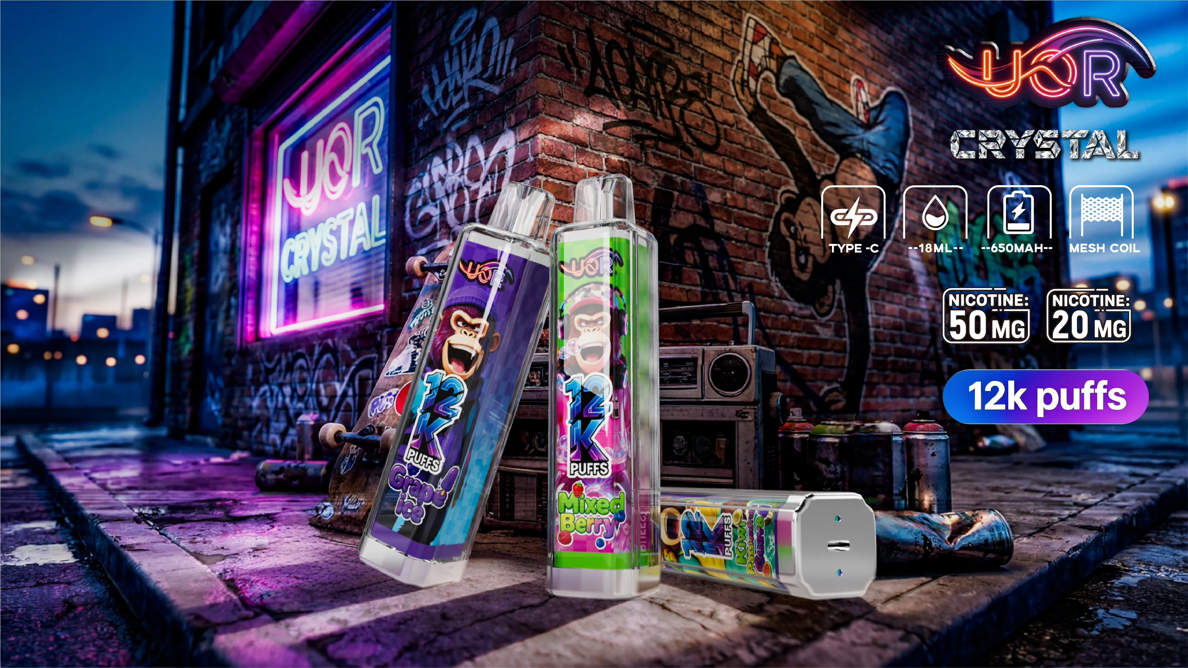 UOR Crystal 12K street style lifestyle poster showing product specs and multiple devices.