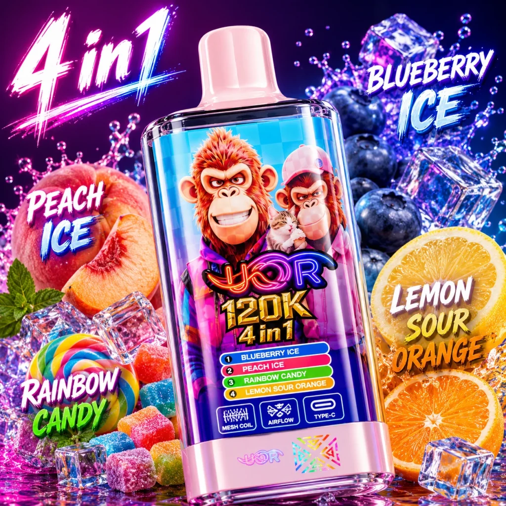 UOR Original 120K 4-in-1 disposable vape hero poster featuring Blueberry Ice Peach Ice Rainbow Candy Lemon Sour Orange flavor set.