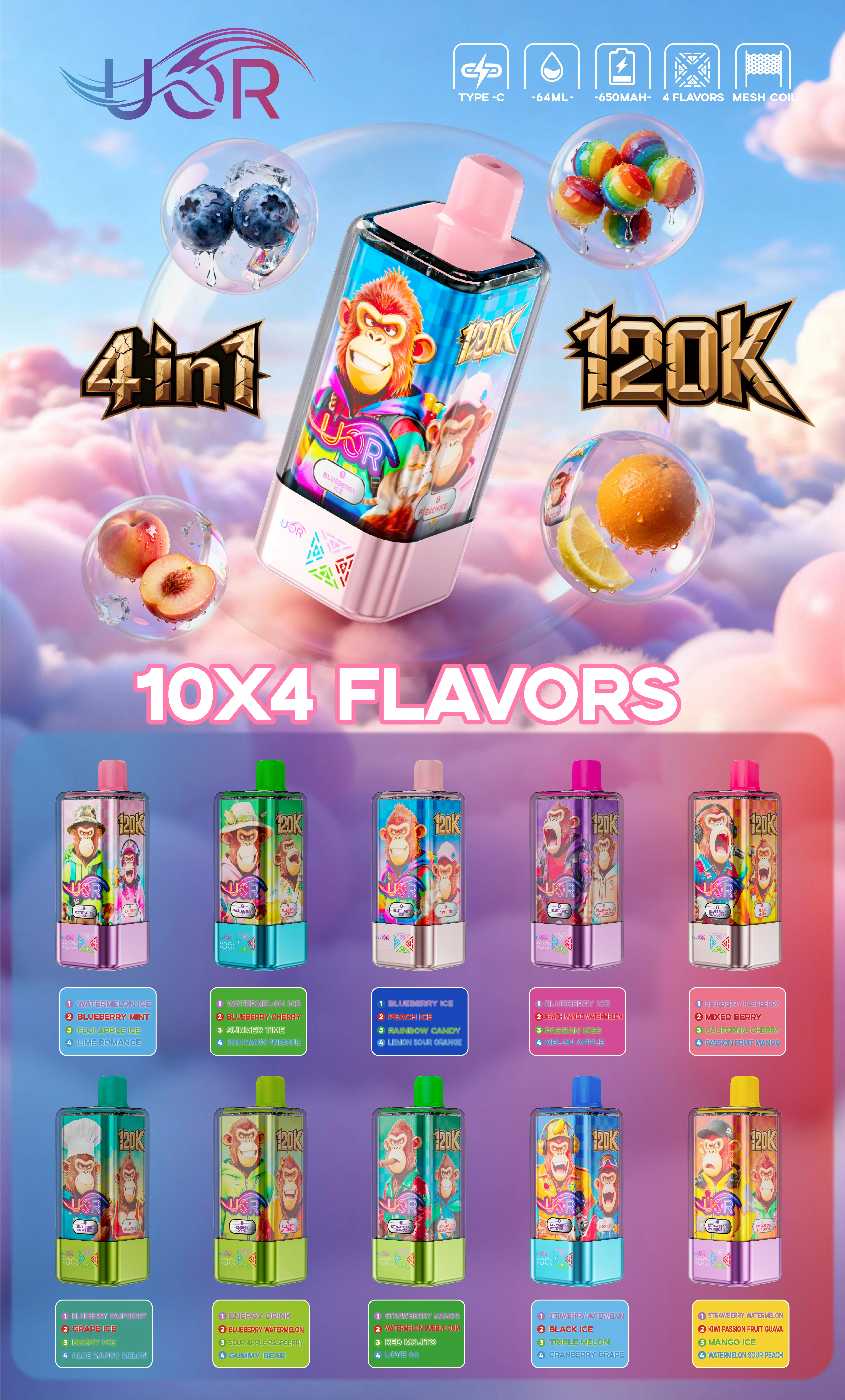 UOR Original 120K 4-in-1 flavor lineup poster showing the available multi-flavor device combinations.
