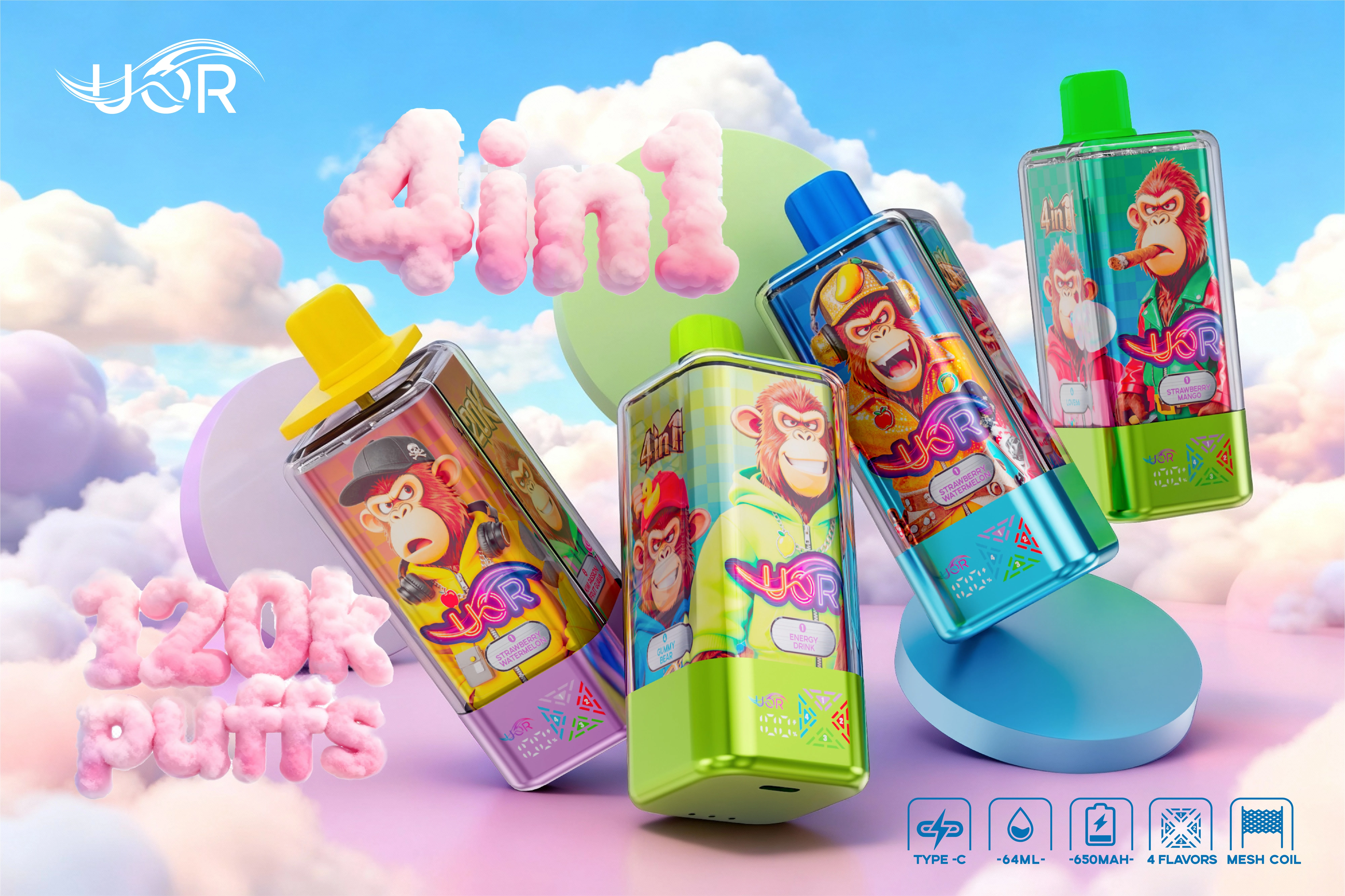 UOR Original 120K cloud lifestyle poster showing four disposable vape devices in a soft product scene.