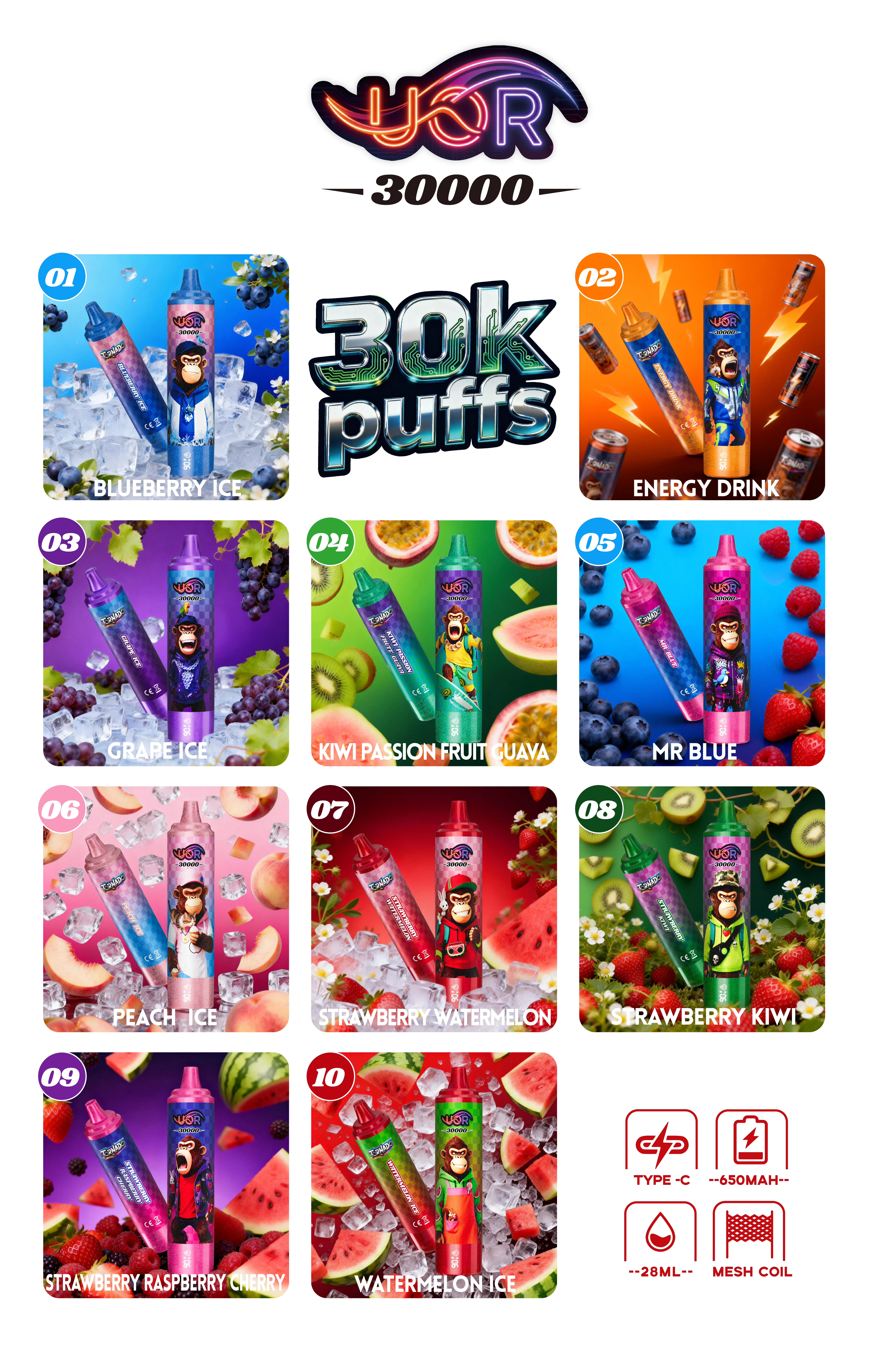 UOR Tornado 30K flavor lineup poster showing all 10 flavor options.