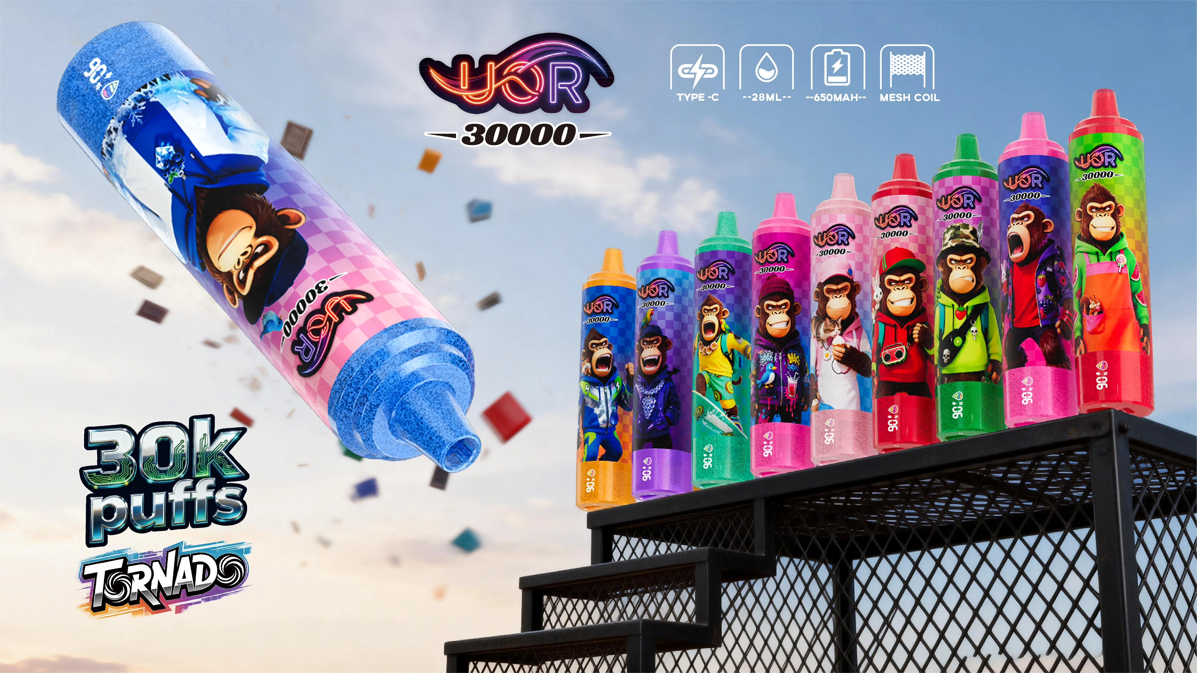UOR Tornado 30K rooftop lineup poster showing multiple flavor devices.