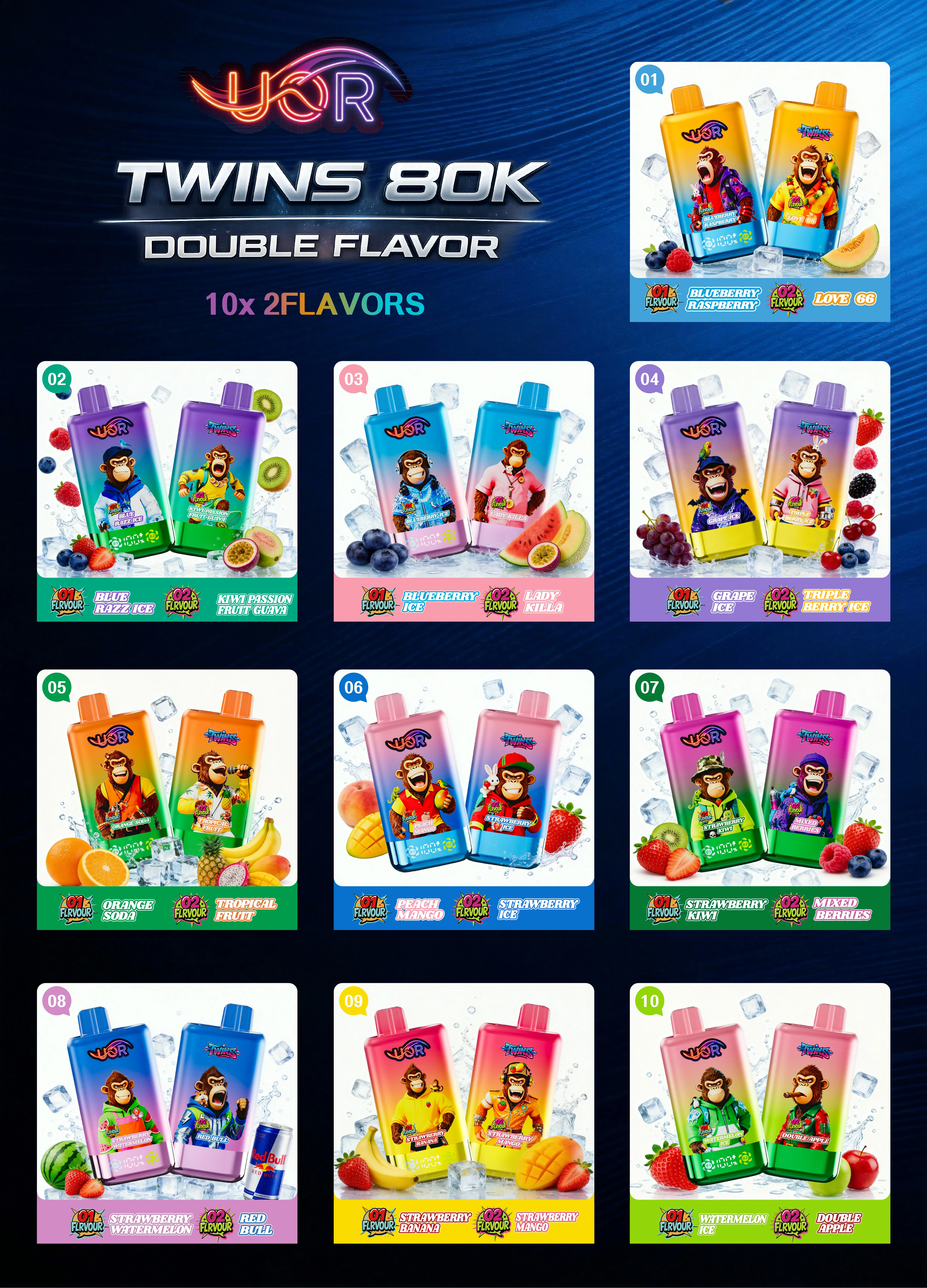 UOR Twins 80K dual-flavor lineup poster showing all 10 flavor combinations.