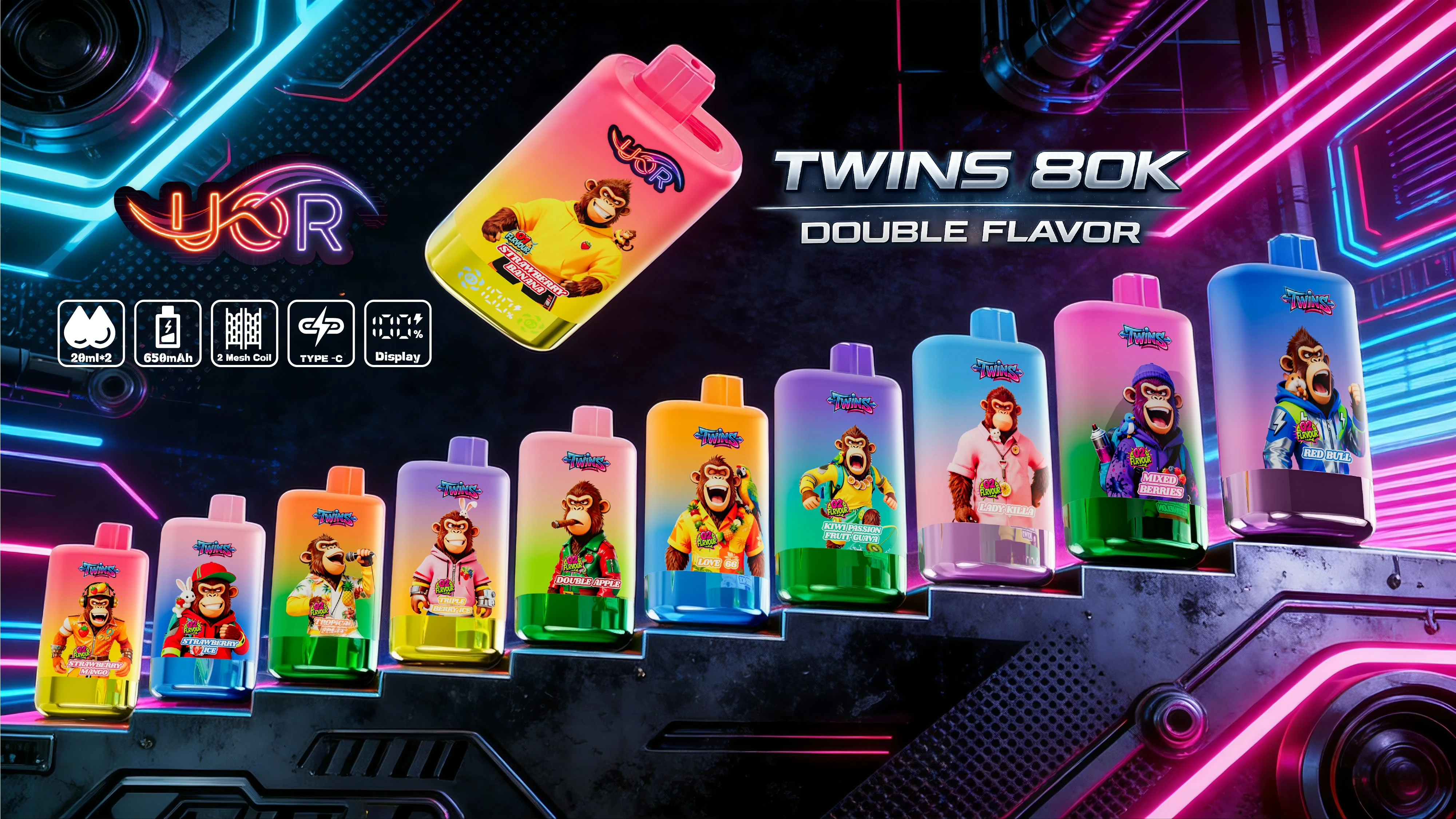 UOR Twins 80K neon staircase lineup poster with multiple dual-flavor devices.