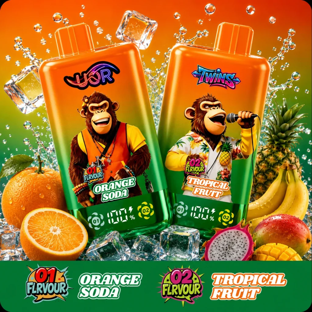 UOR Twins 80K dual-flavor disposable vape poster featuring Orange Soda Tropical Fruit.