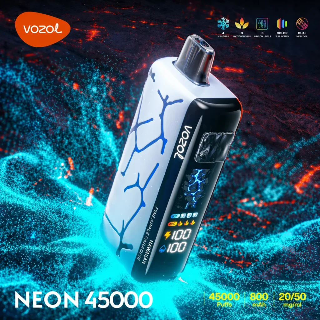 VOZOL NEON 45,000-Puff cover poster with product branding and feature callouts.