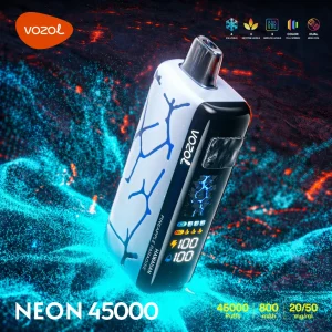 VOZOL NEON 45,000-Puff cover poster with product branding and feature callouts.