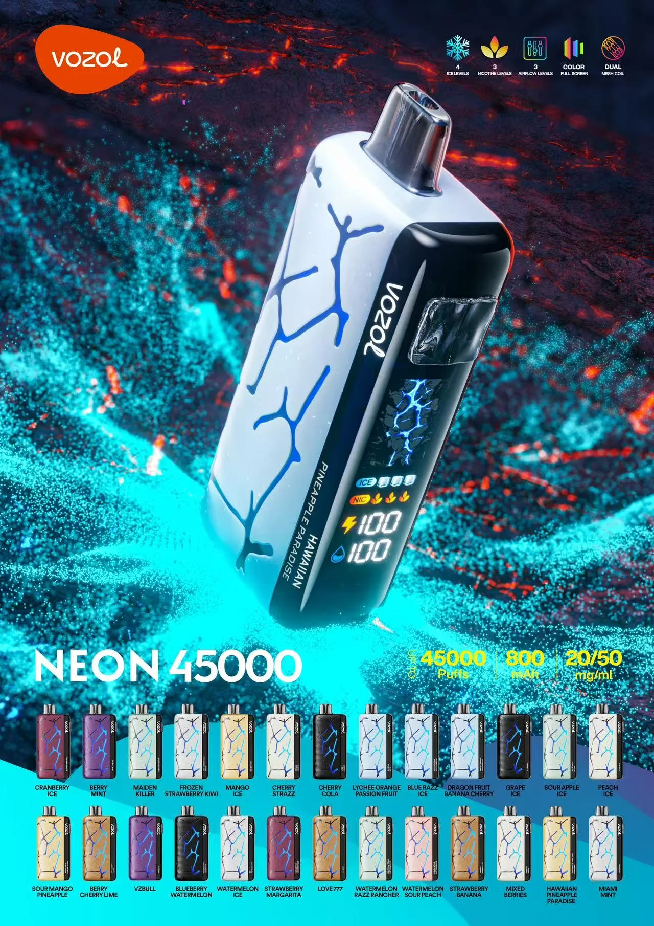 VOZOL NEON 45,000-Puff promotional poster with device visuals and product feature callouts.