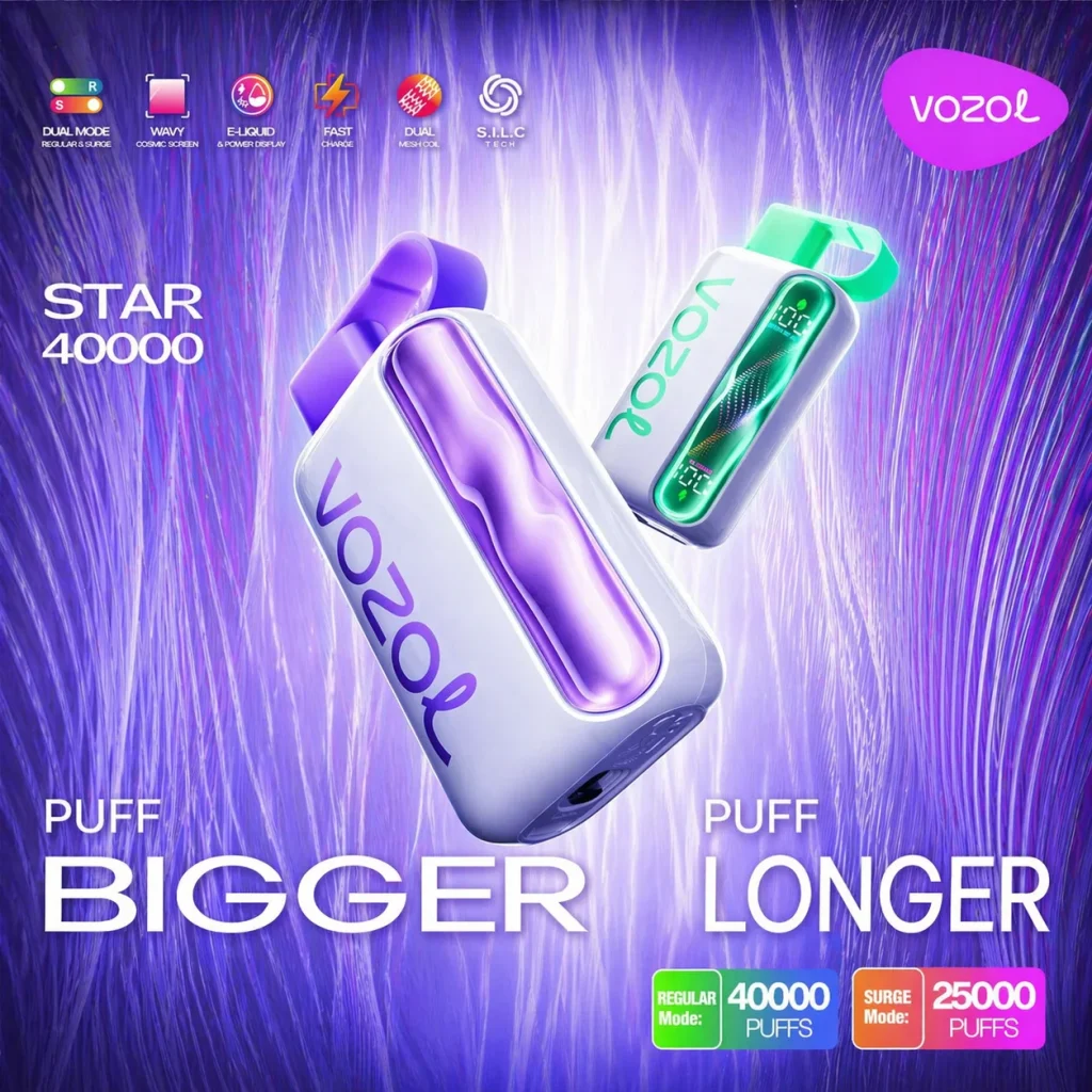 VOZOL Star 40,000-Puff cover poster with product branding and feature callouts.