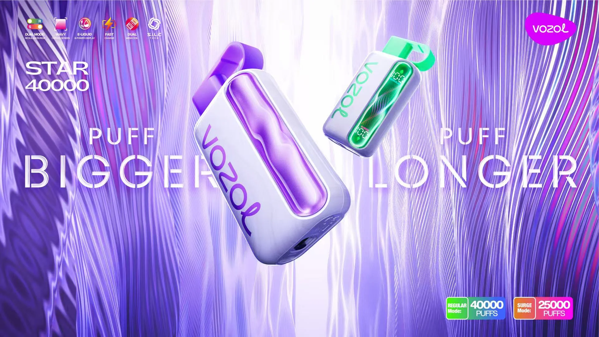 VOZOL Star 40,000-Puff promotional poster with device visuals and product feature callouts.