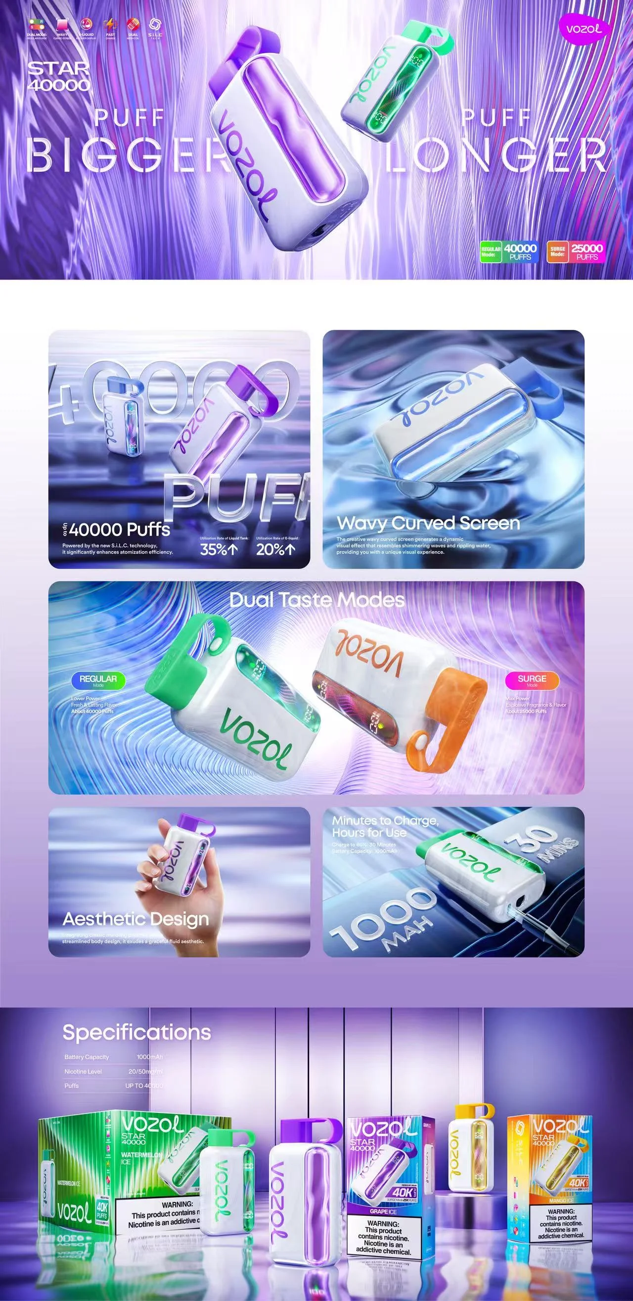 VOZOL Star 40,000-Puff promotional poster with device visuals and product feature callouts.