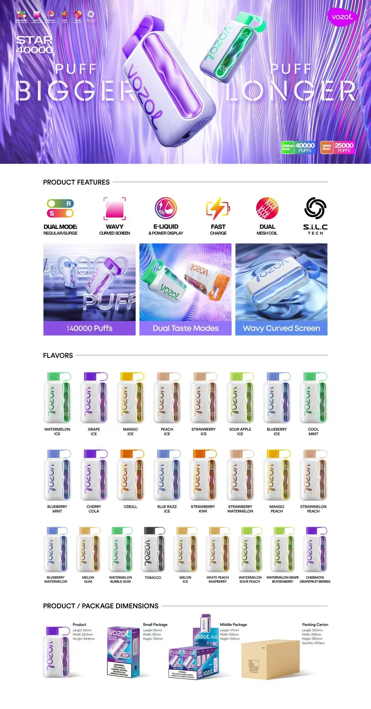 VOZOL Star 40,000-Puff promotional poster with device visuals and product feature callouts.