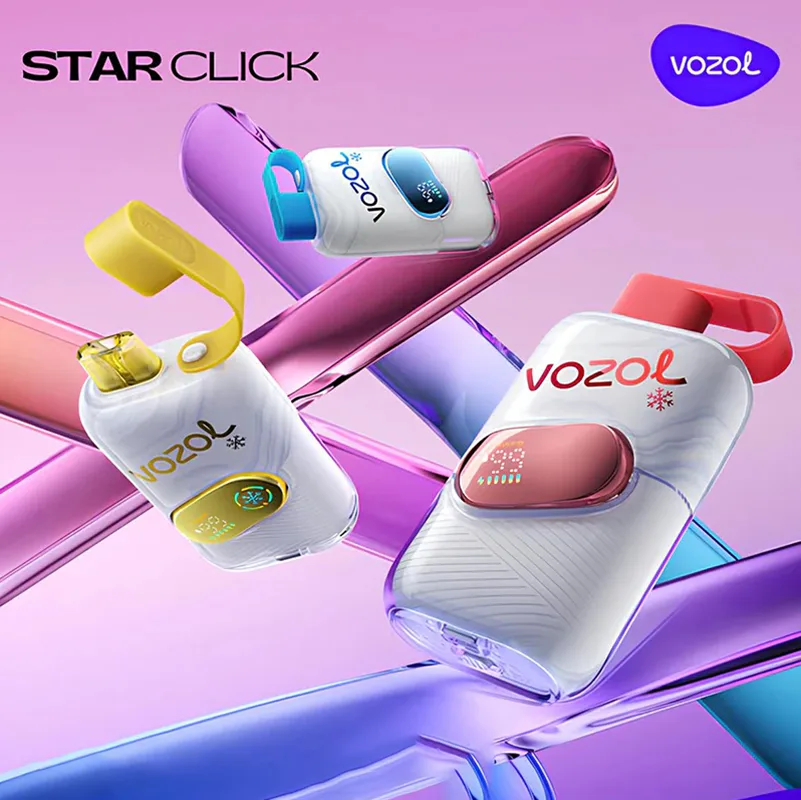 Vozol Star Click 50K cover poster showing four compact devices on a colorful glass background.