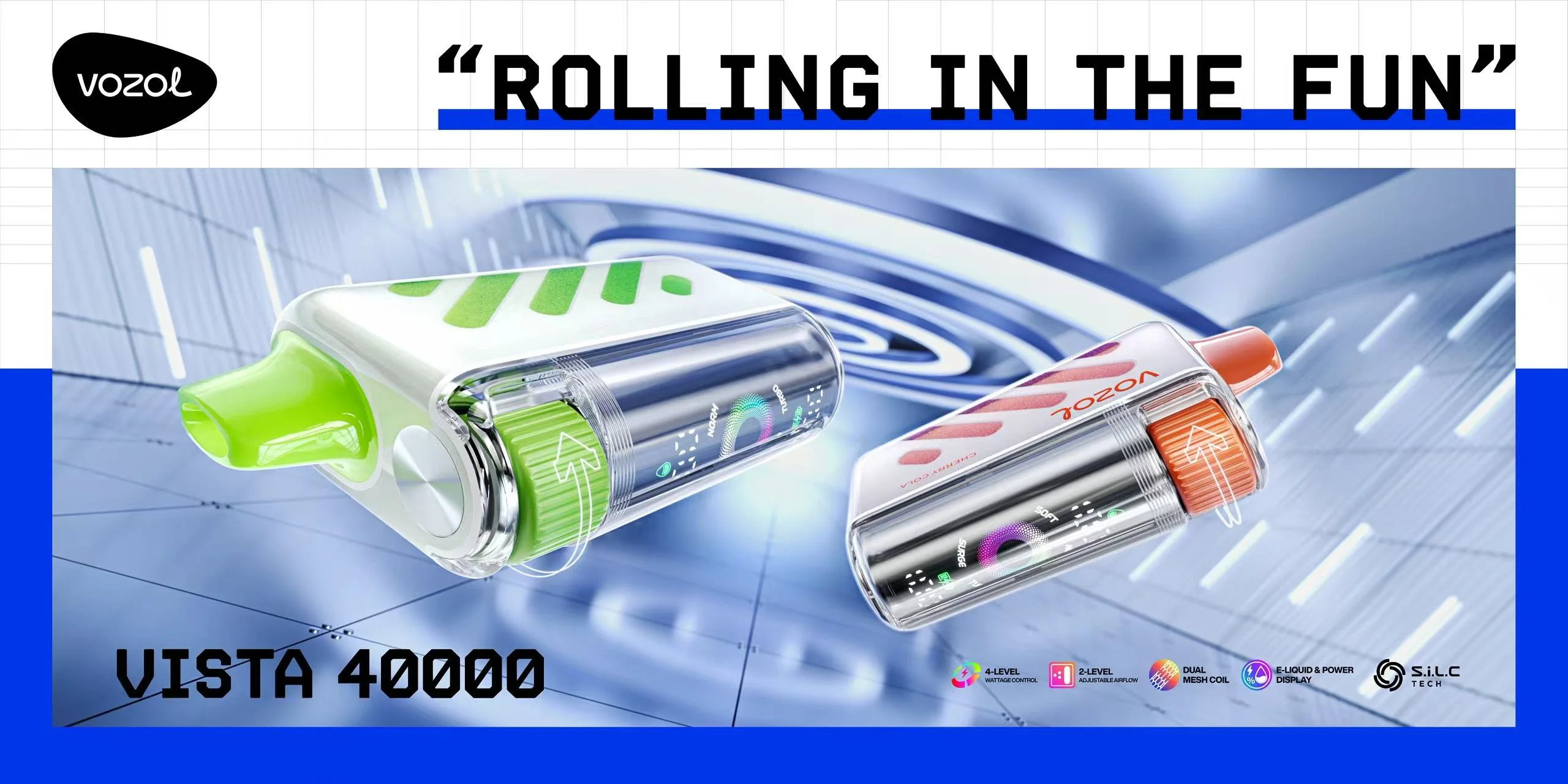VOZOL Vista 40,000-Puff promotional poster with device visuals and product feature callouts.