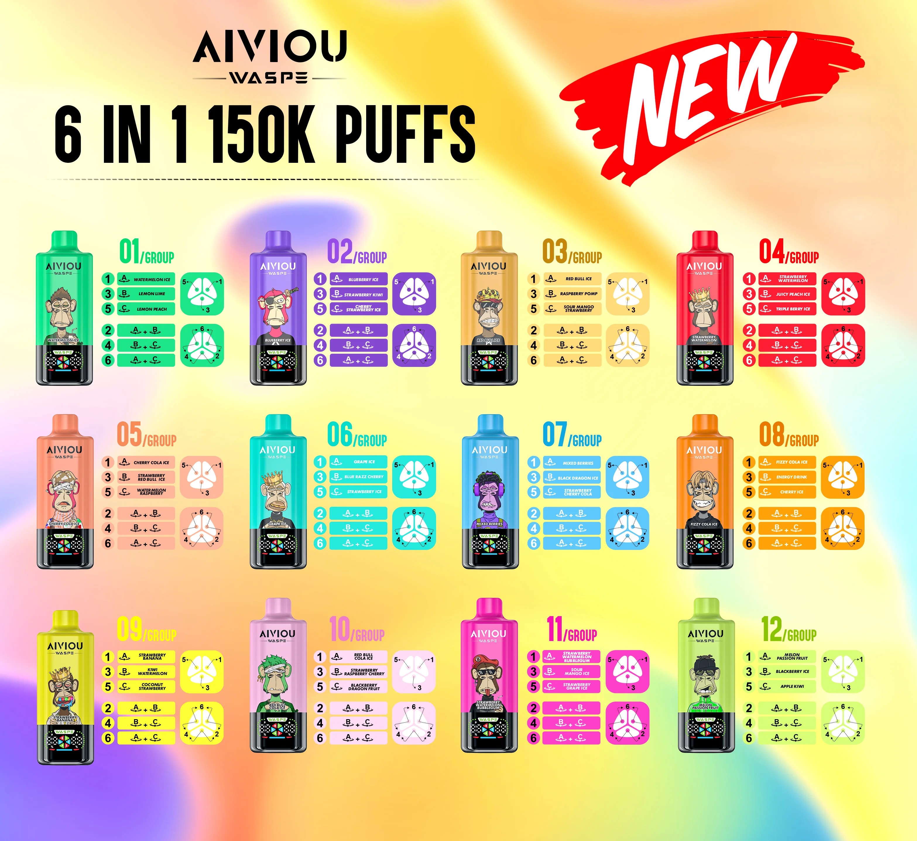 WASPE AIVIOU 150,000-Puff full product lineup poster showing multiple flavor variants.