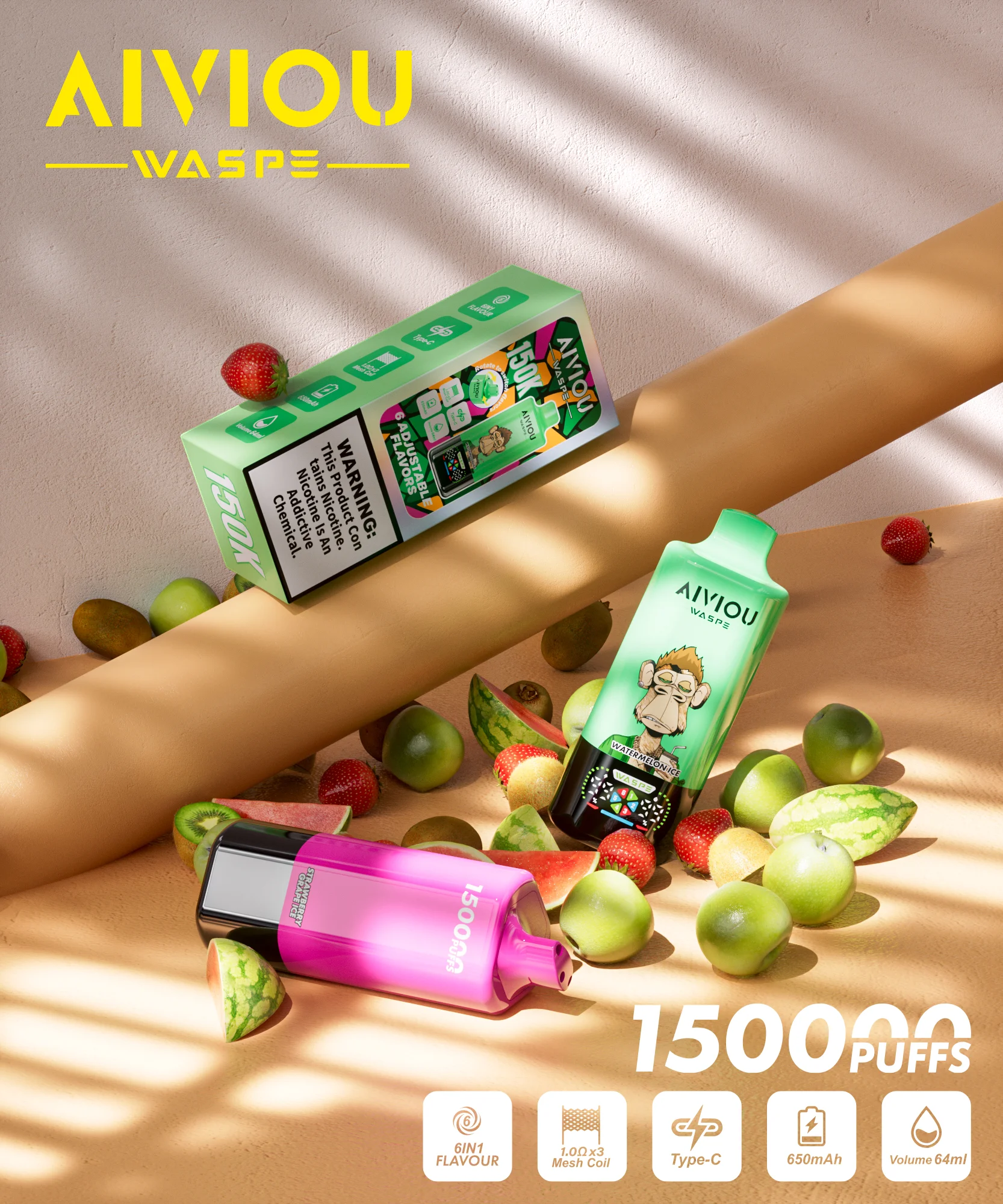 WASPE AIVIOU 150,000-Puff lifestyle poster showing product devices in a promotional scene.