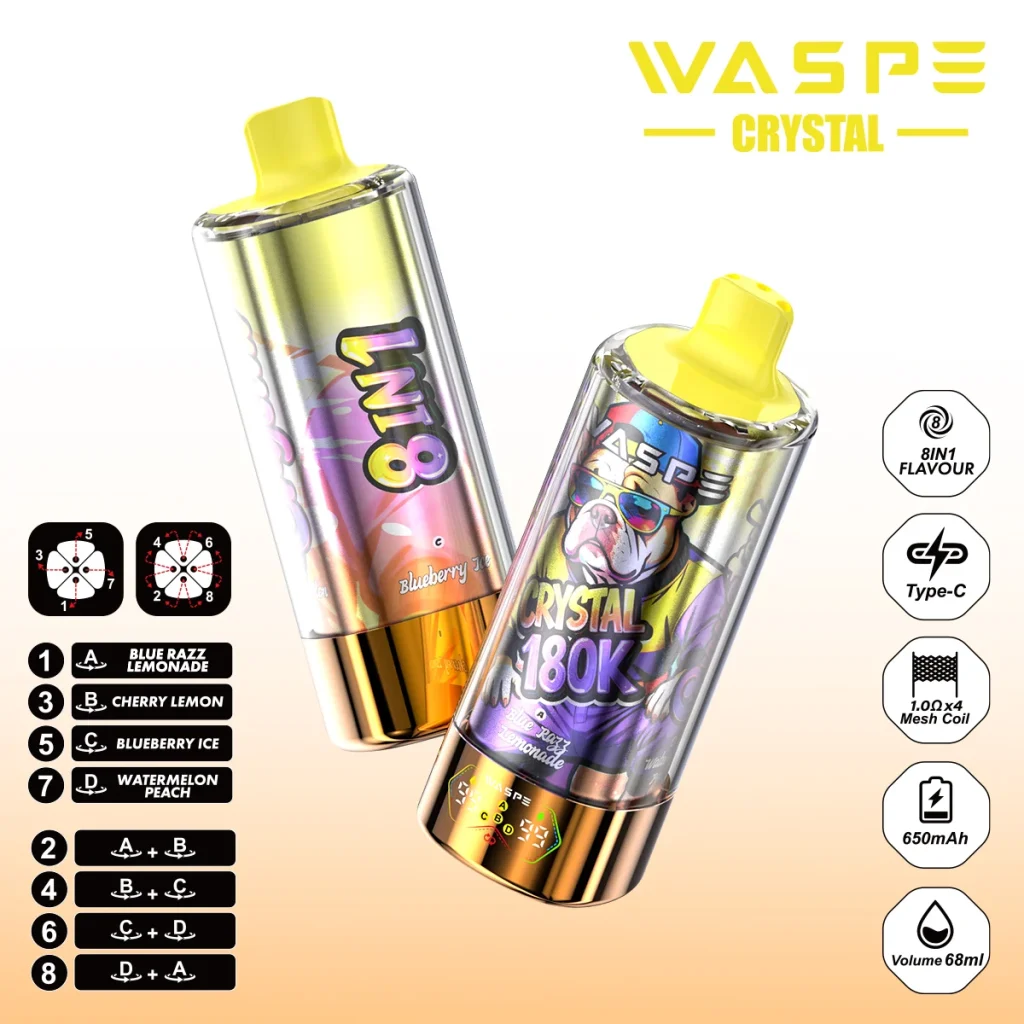 WASPE Crystal 180,000-Puff product image for Watermelon Ice & Lemon Lime & Sour Mango Ice & Kiwi Melon Ice flavor combination.