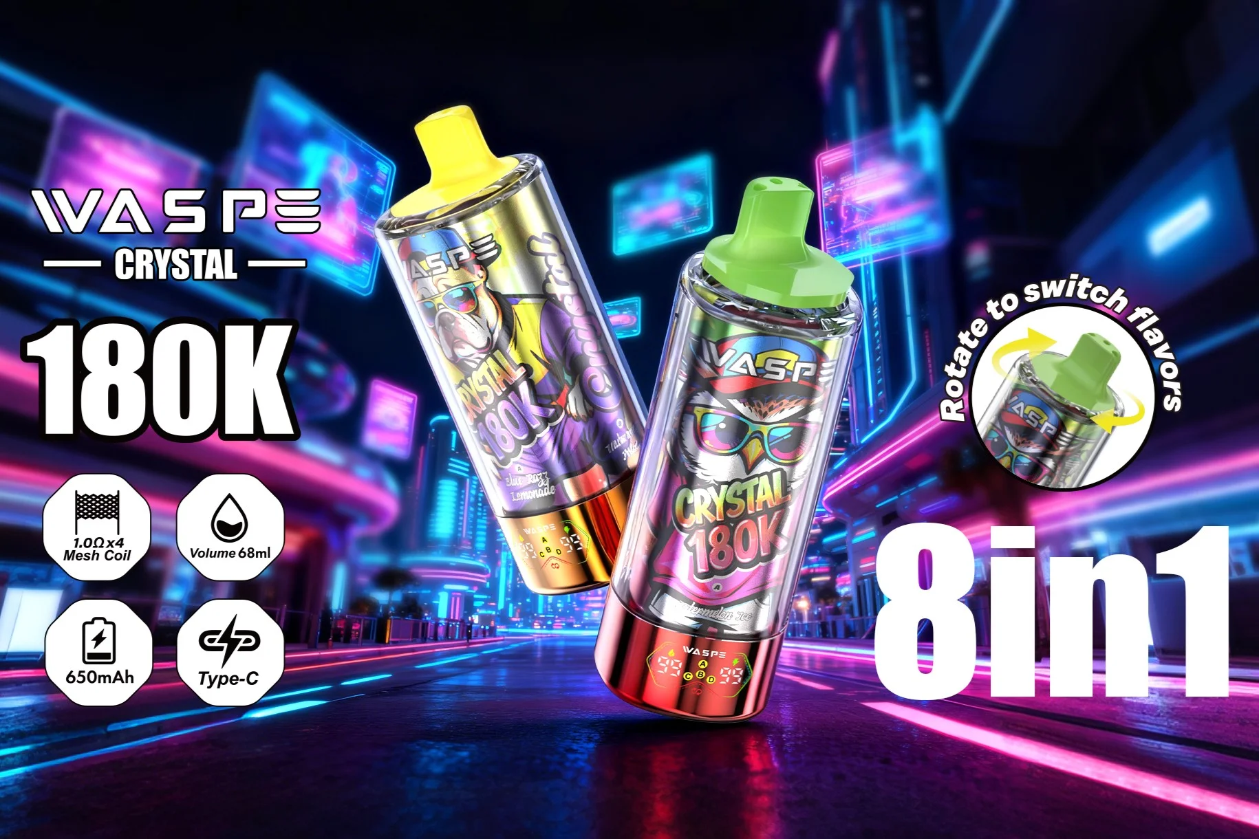 WASPE Crystal 180,000-Puff promotional poster with product feature callouts.