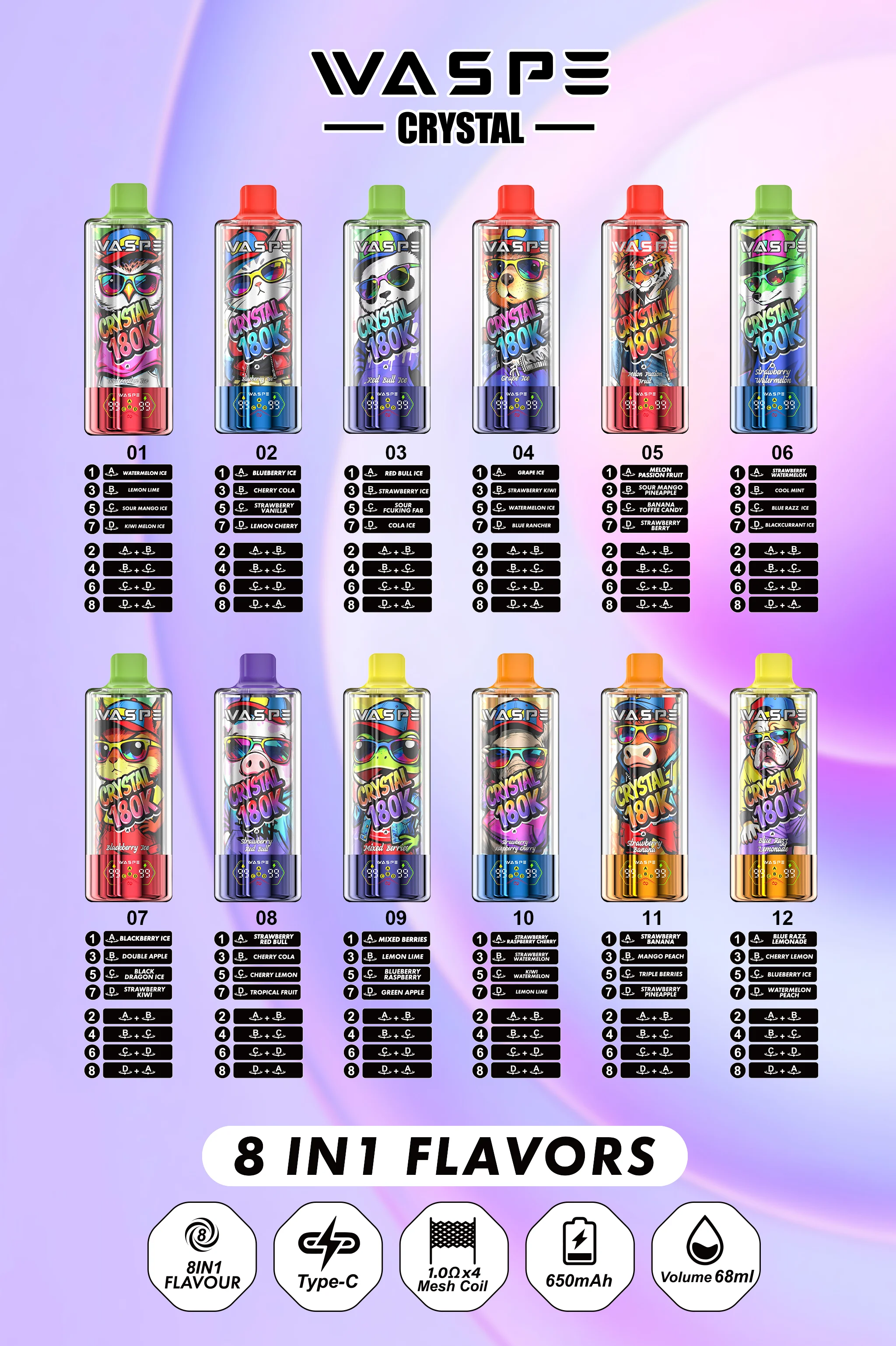 WASPE Crystal 180,000-Puff promotional poster with product feature callouts.