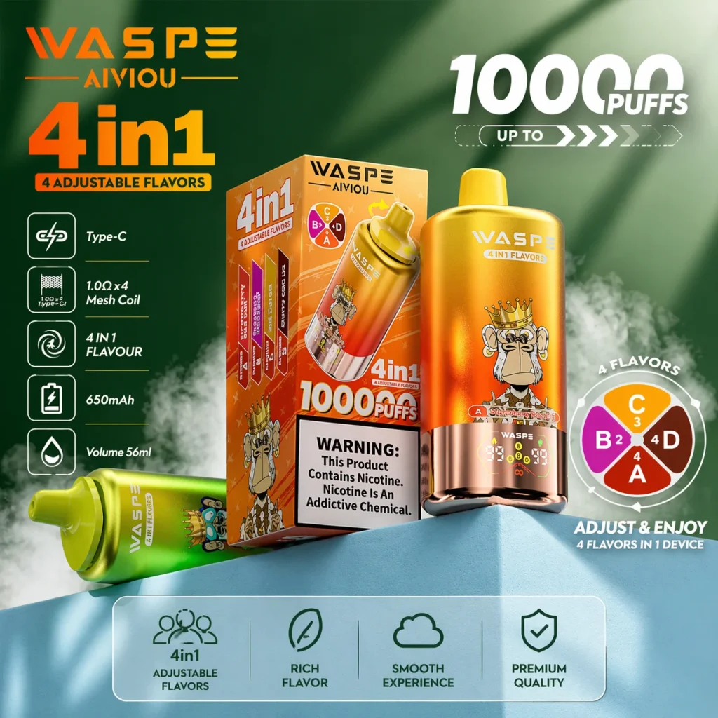 WASPE Original 100,000-Puff cover poster with brand and product feature visuals.
