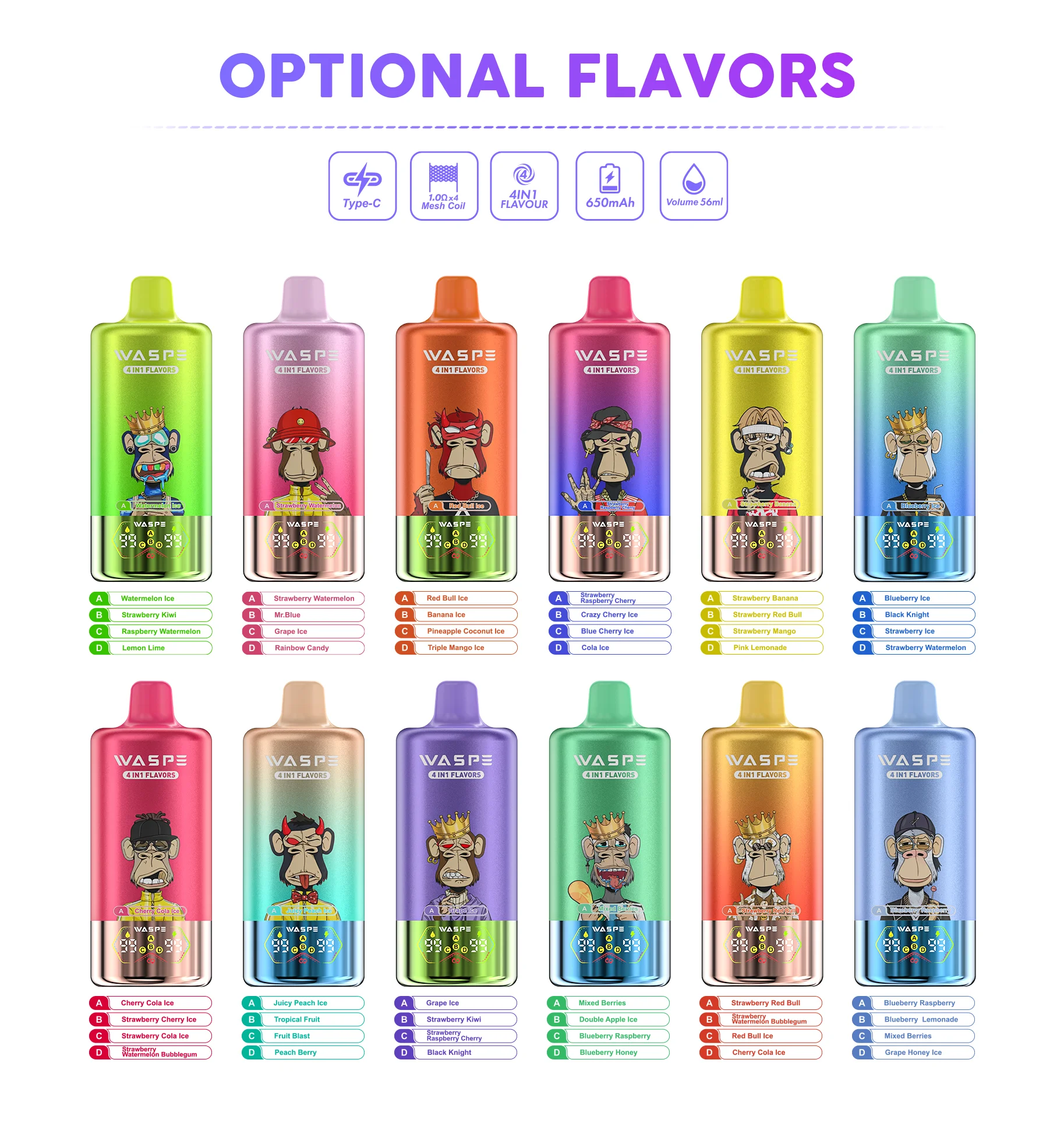 WASPE Original 100,000-Puff full flavor chart showing all flavor combinations.