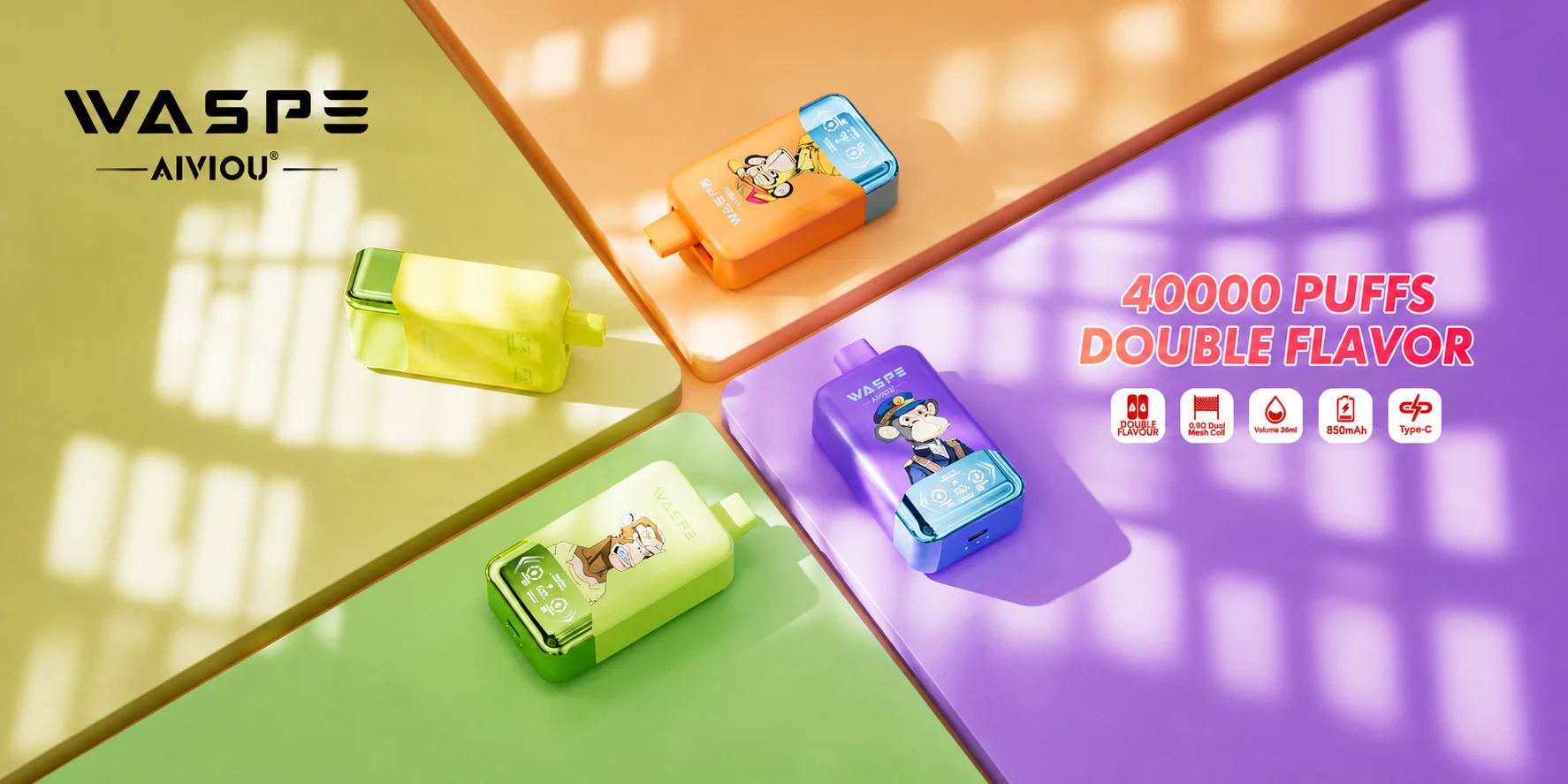 WASPE Original 40,000-Puff wide promotional banner with product visuals and brand styling.