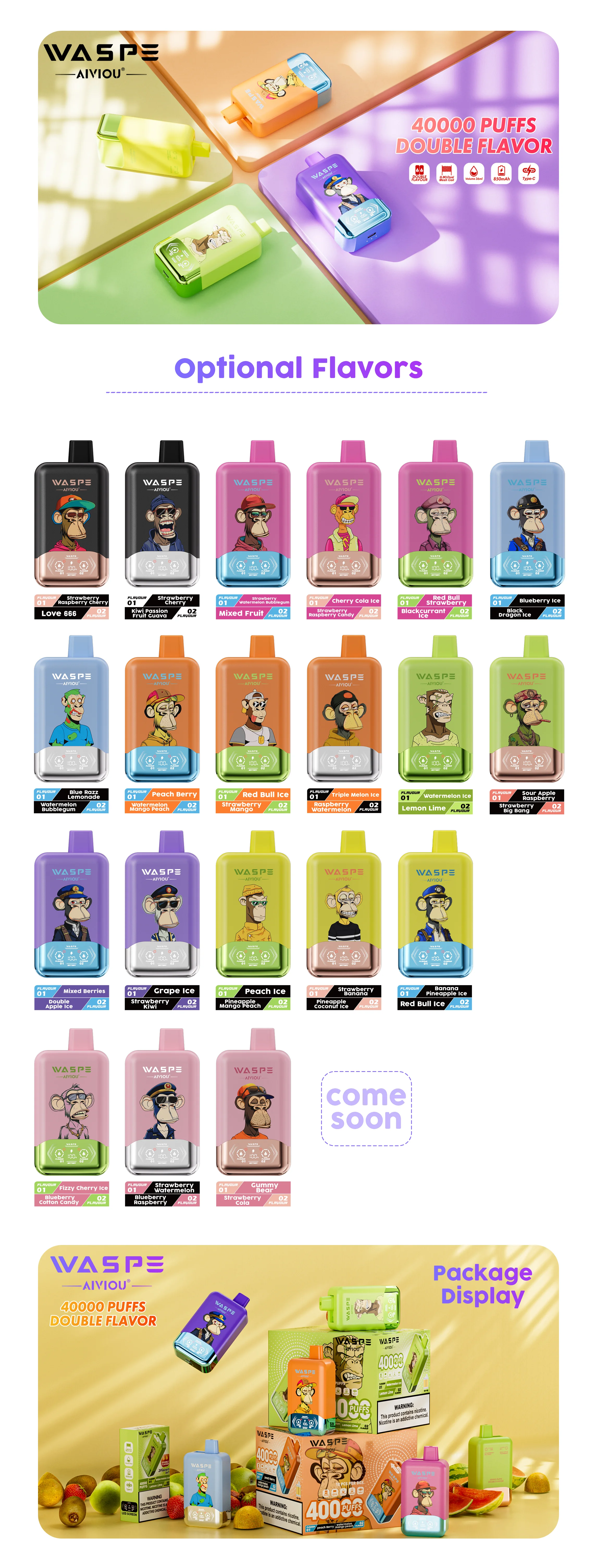 WASPE Original 40,000-Puff full product lineup poster showing multiple flavor variants.